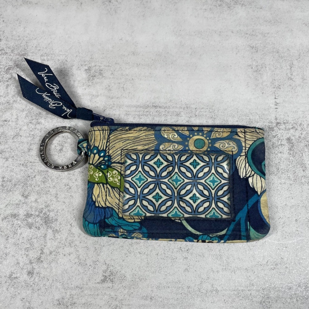 Vera Bradley Card Key Holder ID Case Ring Zip Wallet Floral Blue Teal Cotton